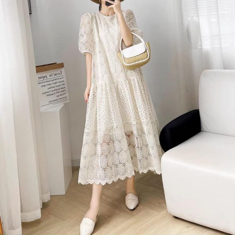 14020 Baju mididress TEREESIA EMBROIDERED LOOSE DRESS KATBOL BROKAT lengan pendek baloon ballon dres