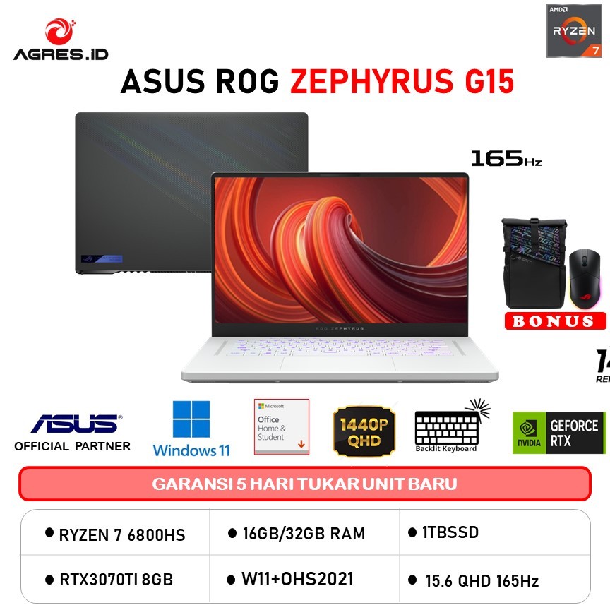 ASUS ROG ZEPHYRUS G15 GA503RW R77RG7GO RYZEN 7 6800HS 32GB 1TB RTX3070TI 8GB W11+OHS 15.6QHD 165HZ M