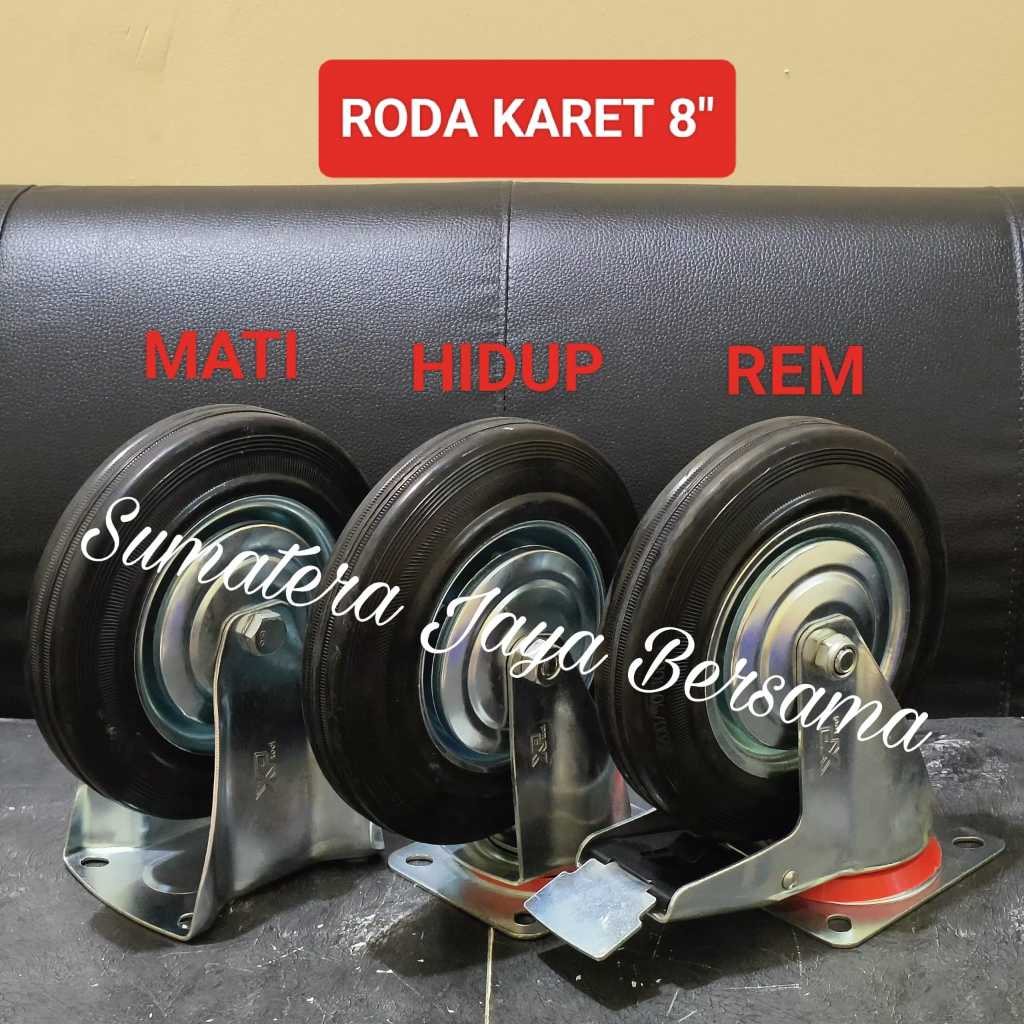 Roda troli 8 inch karet hitam Mati Hidup Rem Caster Kastor 8" Trolley