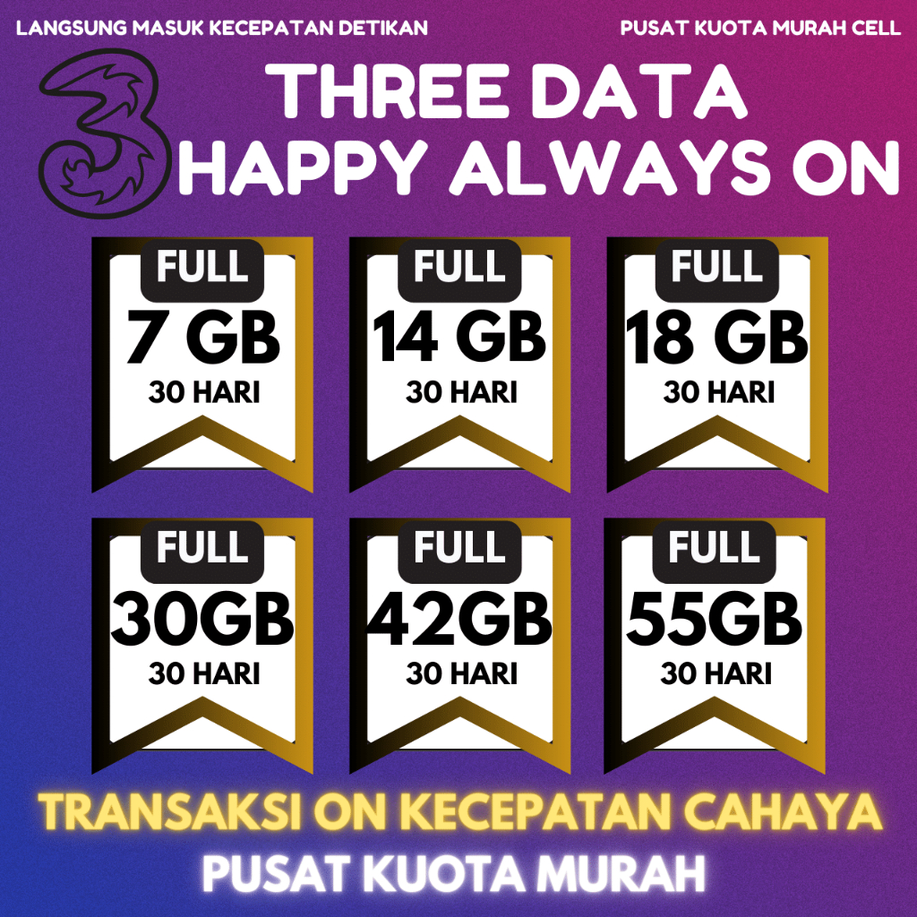 MURAH THREE HAPPY ALWAYS ON | PAKET DATA THREE AON | ISI ULANG KUOTA THREE MURAH | MASA AKTIF UNLIMI