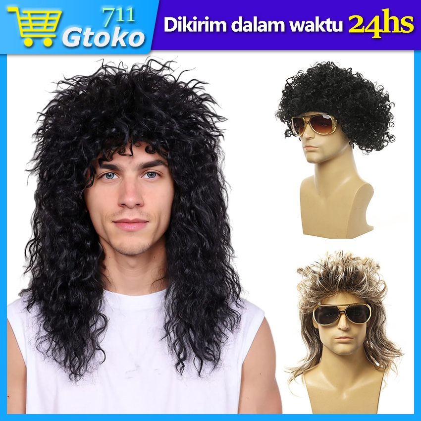 Wig Rocker Punk Wig Kribo Wig Brokoli Rambut Palsu Keriting Panjang Pria Wanita Pesta Cosplay Hallow