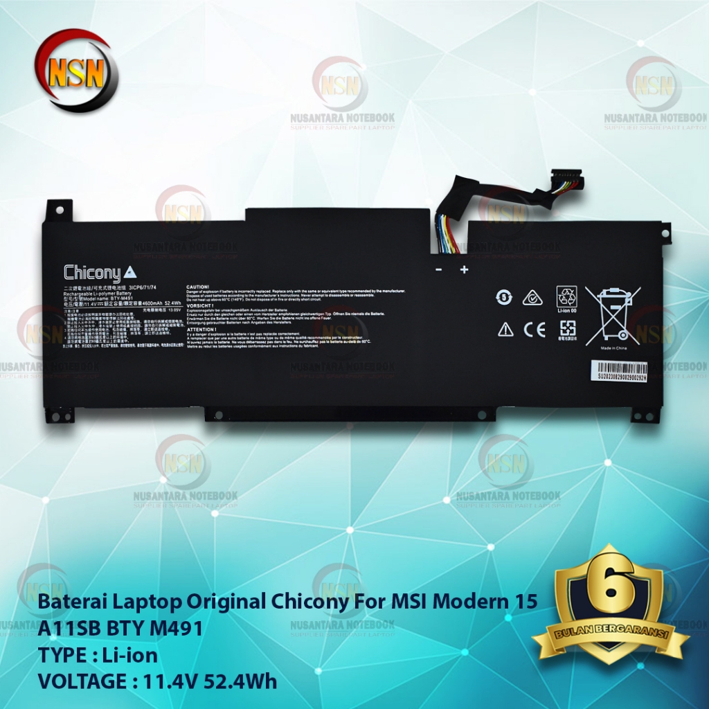 Baterai Laptop Chicony For MSI Modern 15 A11SB BTY M491 11.4V 52.4Wh