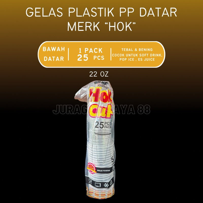 (25 PCS) Gelas Plastik PP Datar Merk “HOK” Slim (22 oz) | Cup Plastik Pop Ice Bening Datar + Tutup |
