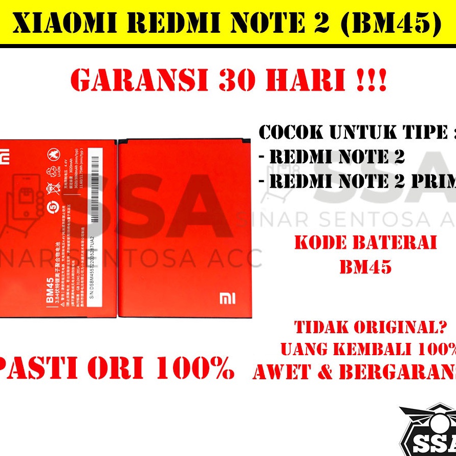 TIPE SBQ151 Baterai Original 100% Xiaomi Redmi Note 2 / Redmi Note 2 Prime BM45 BM 45 ORI Battery Ba
