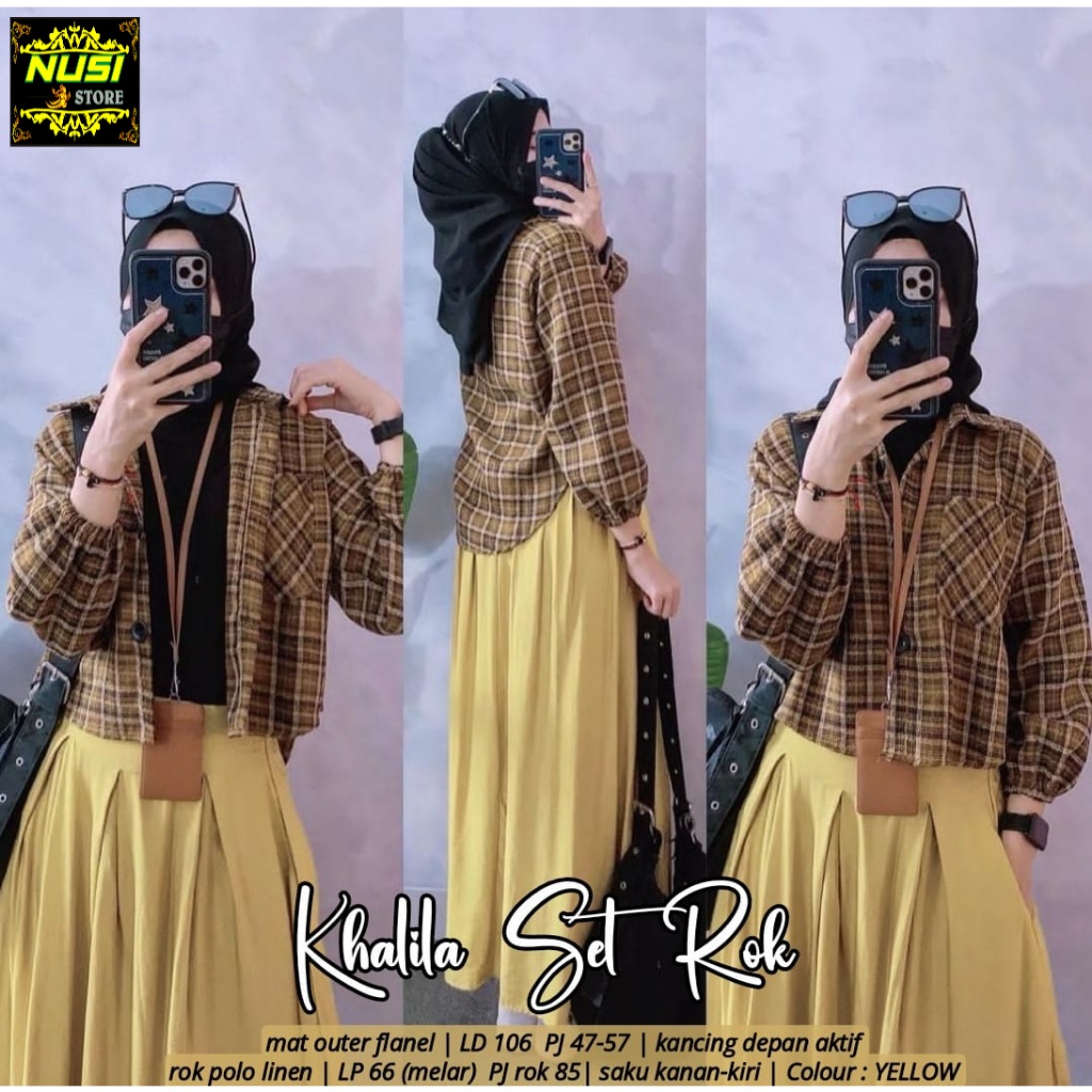khalila set oneset 2in1 setelan stelan set 1set rok size l xl ld 106  atasan outer flanel casual mot