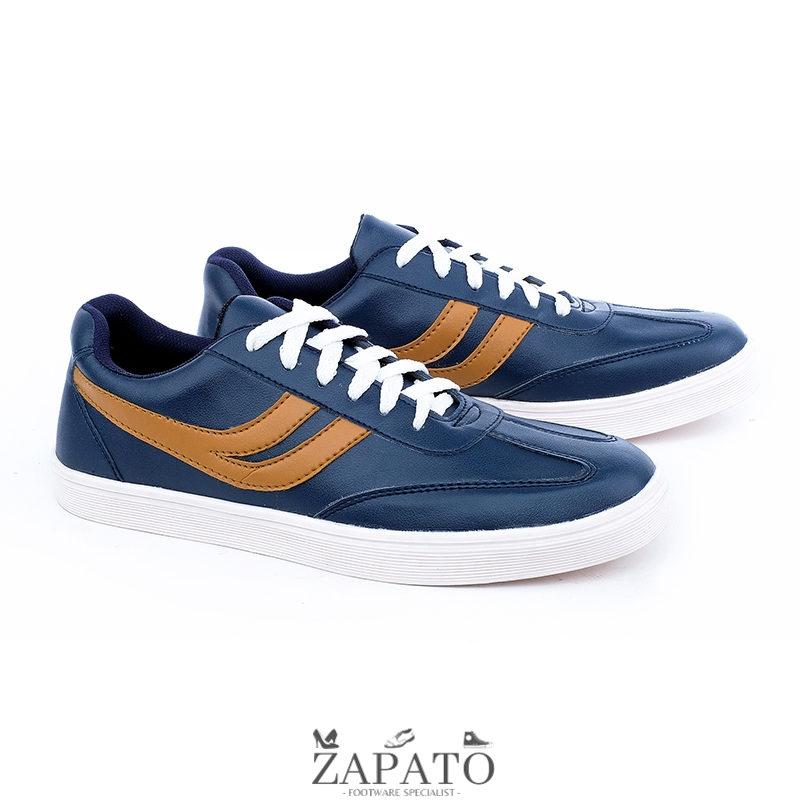 Sepatu Sneakers Kulit Pria Cowok Casual Kets Santai Biru Original - Zapato Official