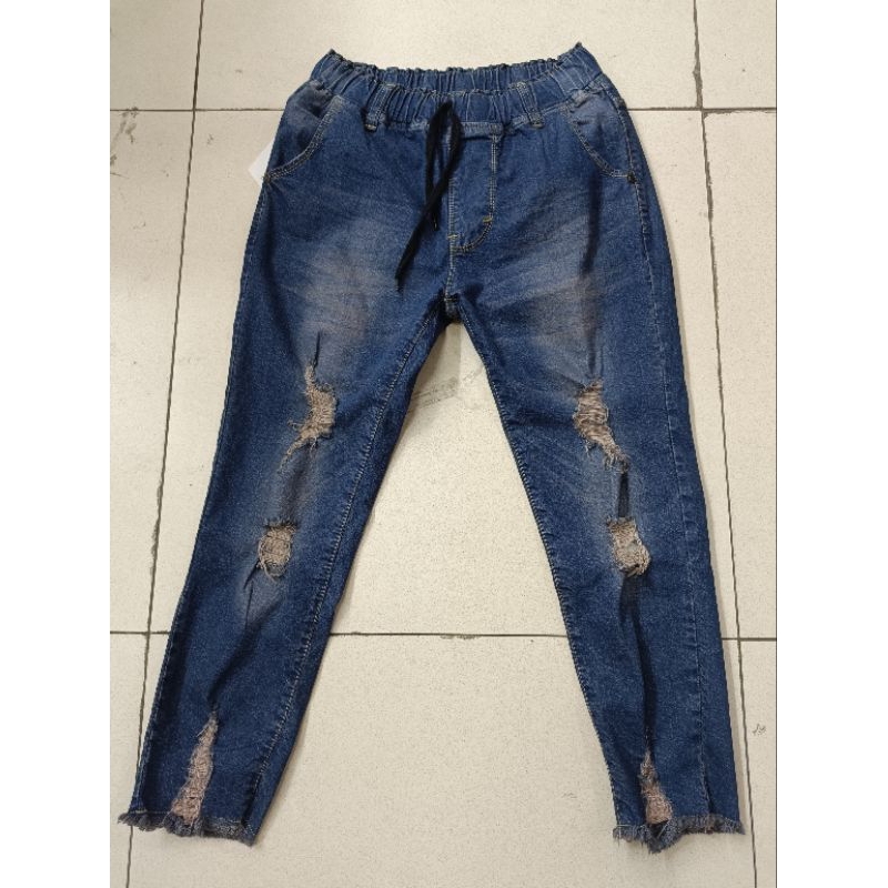 CELANA JEANS CEWEK 7/9 PINGGANG KARET BIRU KECOKLATAN SOBEK TIDAK TEMBUS