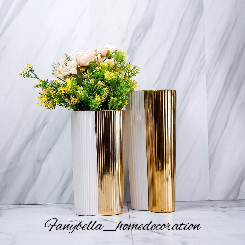 Vas Bunga Keramik Guci Putih Emas Gold Mewah  Import Dekorasi Rumah Hiasan Rumah| FANYBELLA