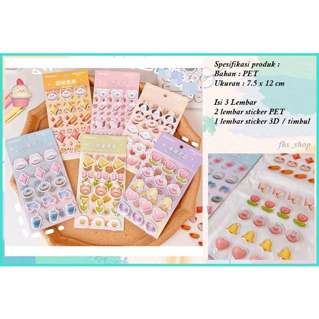 3 Lembar Stiker 3D Timbul Buku Diary Sticker Timbul Lucu Scrapbook Sticker 3D Deco Stiker Lucu Stike