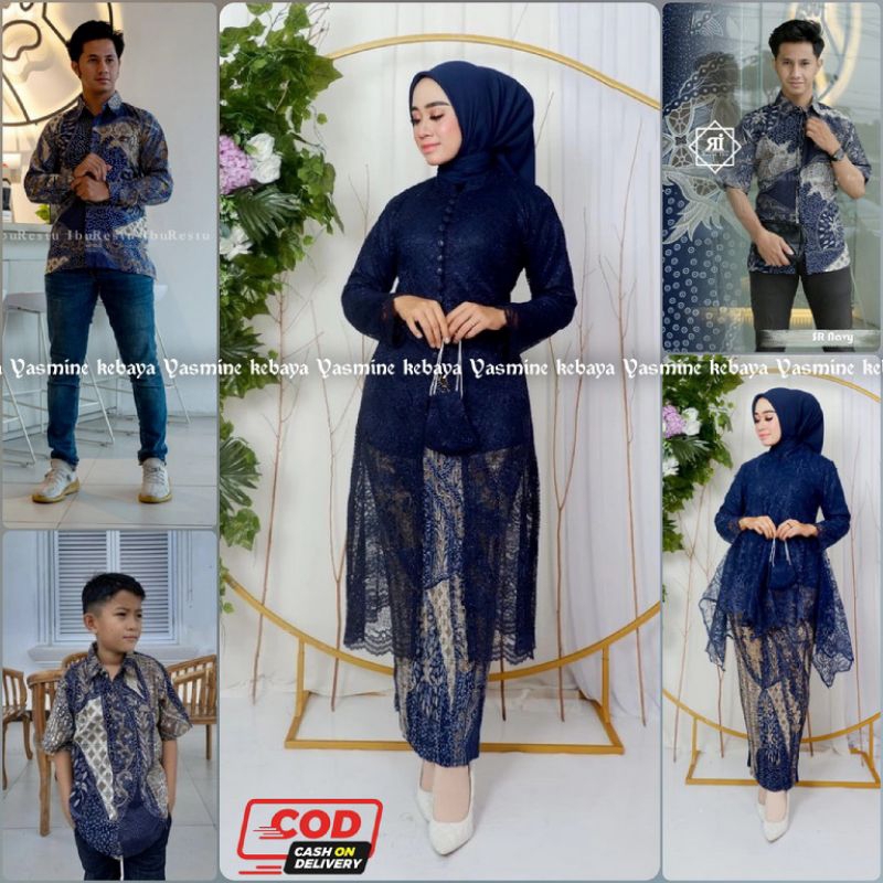 Setelan Baju Couple Kebaya Sarimbit Tunik Busui Modern Set Kemeja Batik Pria Motif SR Navy / Setelan