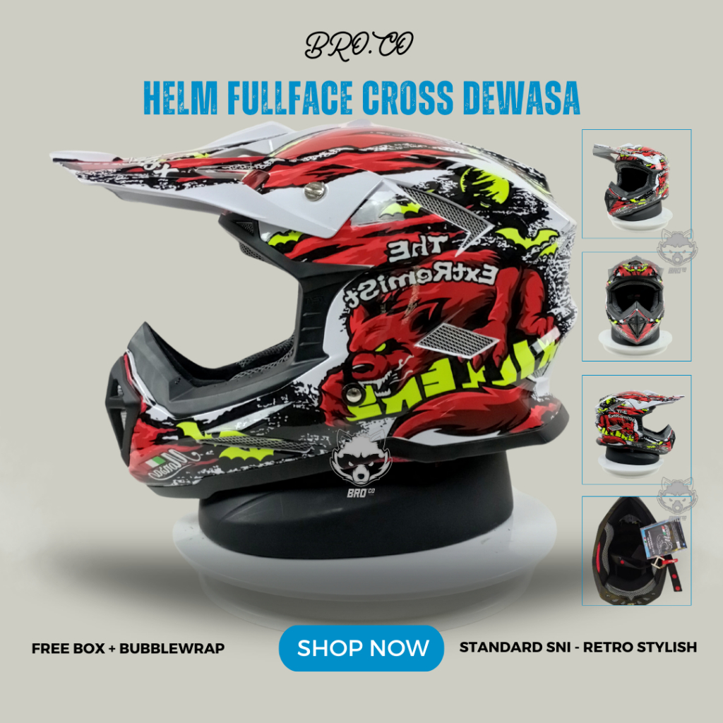 Helm Cross Branded JPN Full Face Cross Motor Trail Red The Extremist White Glossy Solid Putih Mengki