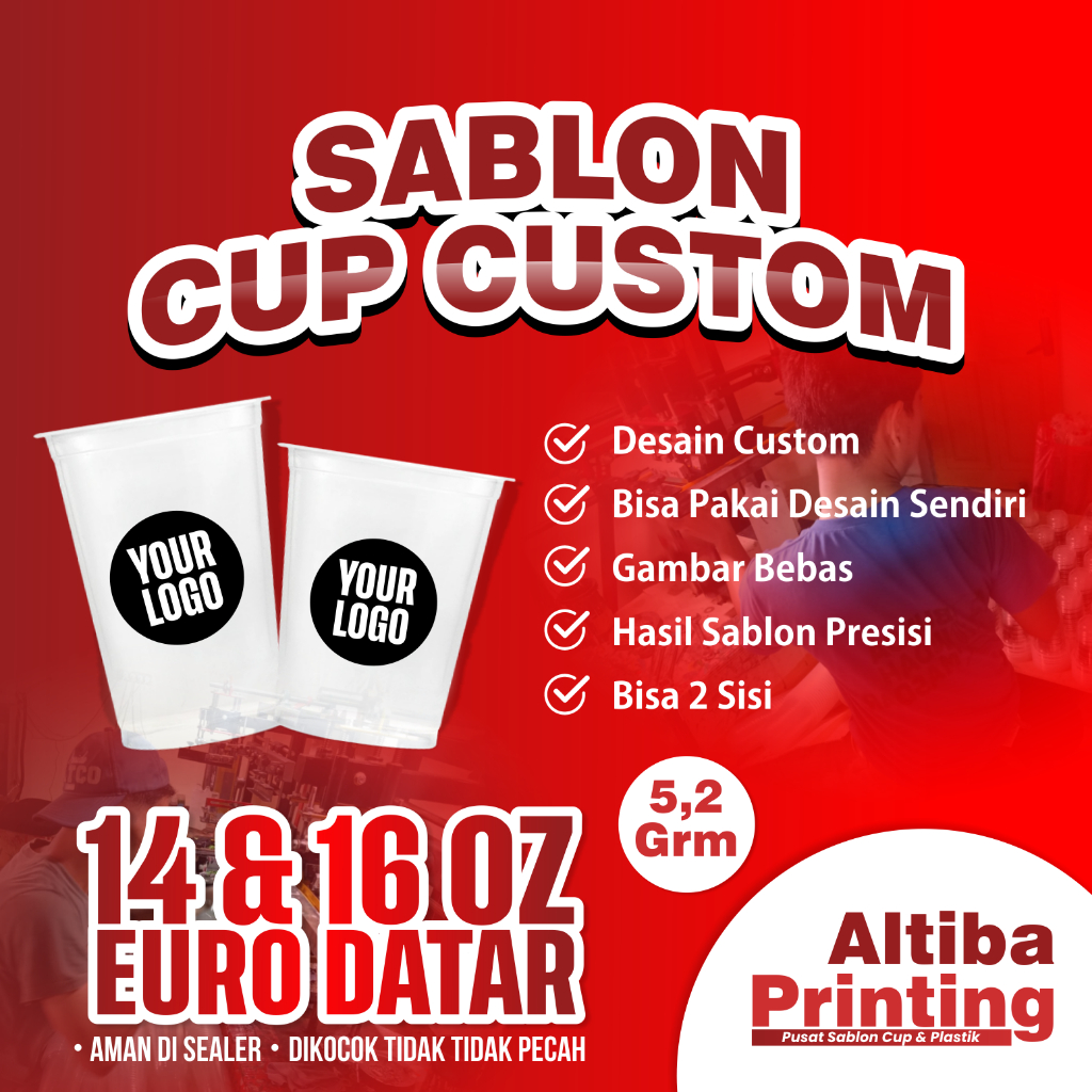 Sablon Custom Cup  14 oz dan 16 oz Datar tebal Merk Euro berat 5,2 gram