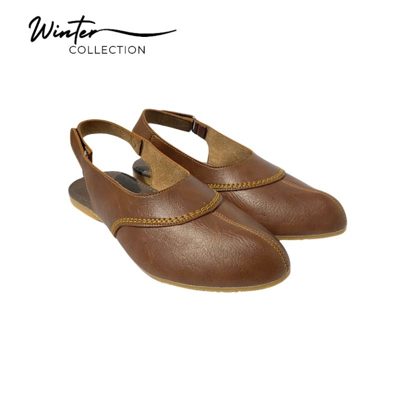 Sandal Wanita Tali Belakang Flat Shoes Kekinian Warna TAN