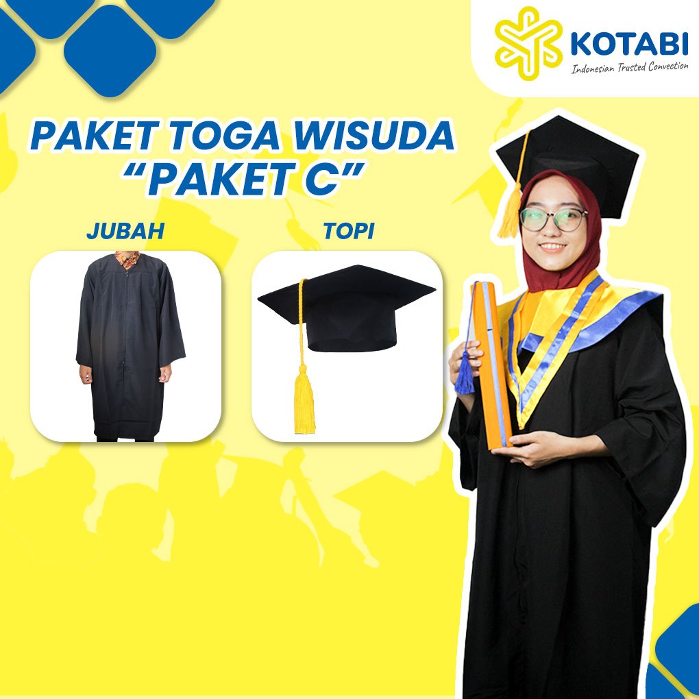 Paket Toga Wisuda Dewasa Satuan Paket Perlengkapan Wisuda Kuning Lis Biru, Jubah, Topi