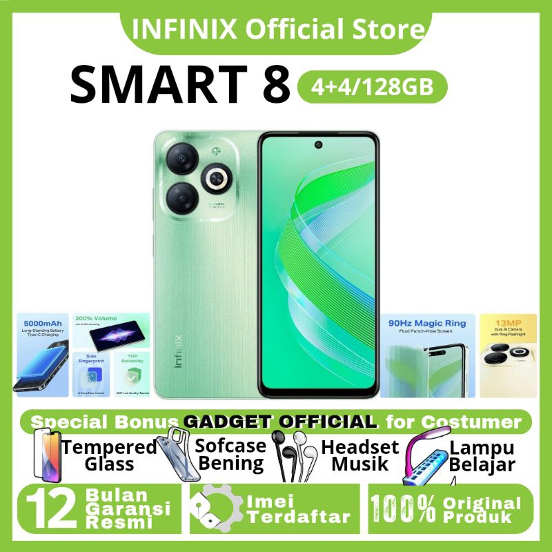 INFINIX SMART 8 4/128GB - 3/64GB - RAM UPTO 8GB - KAMERA UTAMA 13MP - SIDE FINGERPRINT - 200% VOLUME