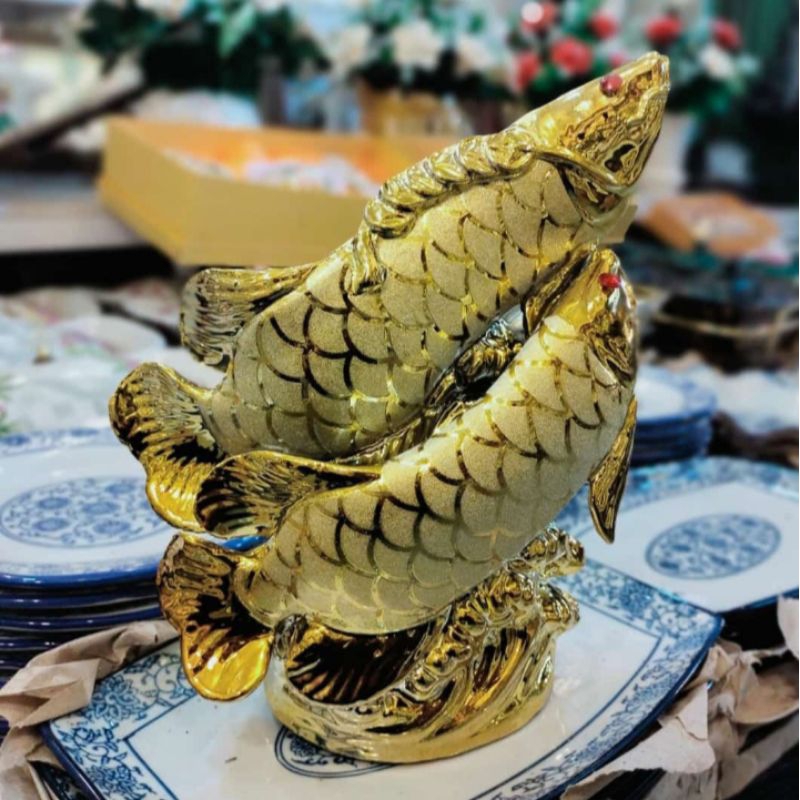 ikan keramik pajangan gold / pajangan keramik import / pajangan lemari hias