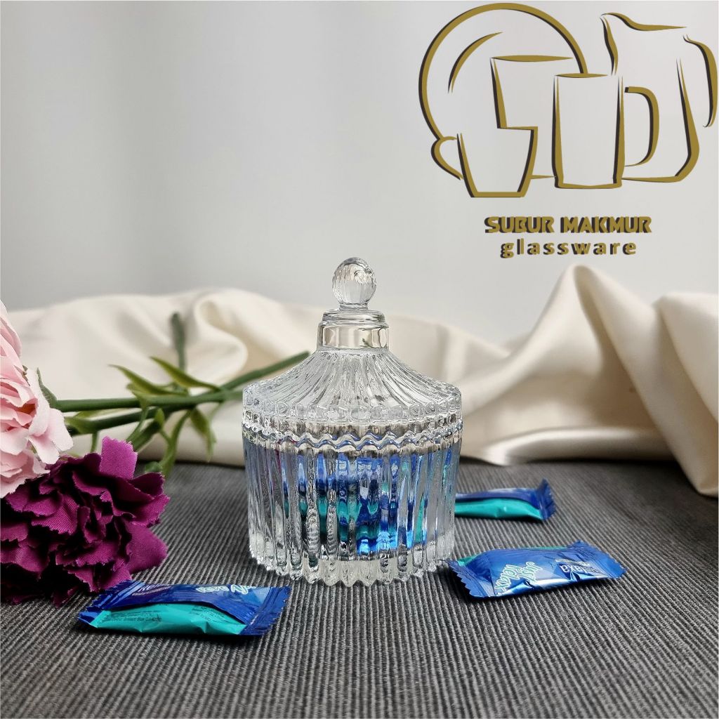 Toples Kaca Bening Penyimpan Permen dan Aksesori Kecil dengan Tutup, Souvenir Cantik, Diameter 6.7 c