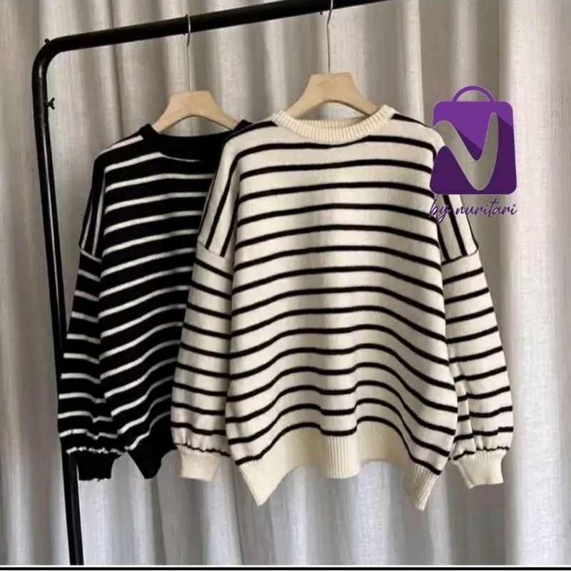 BAYONETA STRIP KNIT WANITA LEHER TARTLENECK