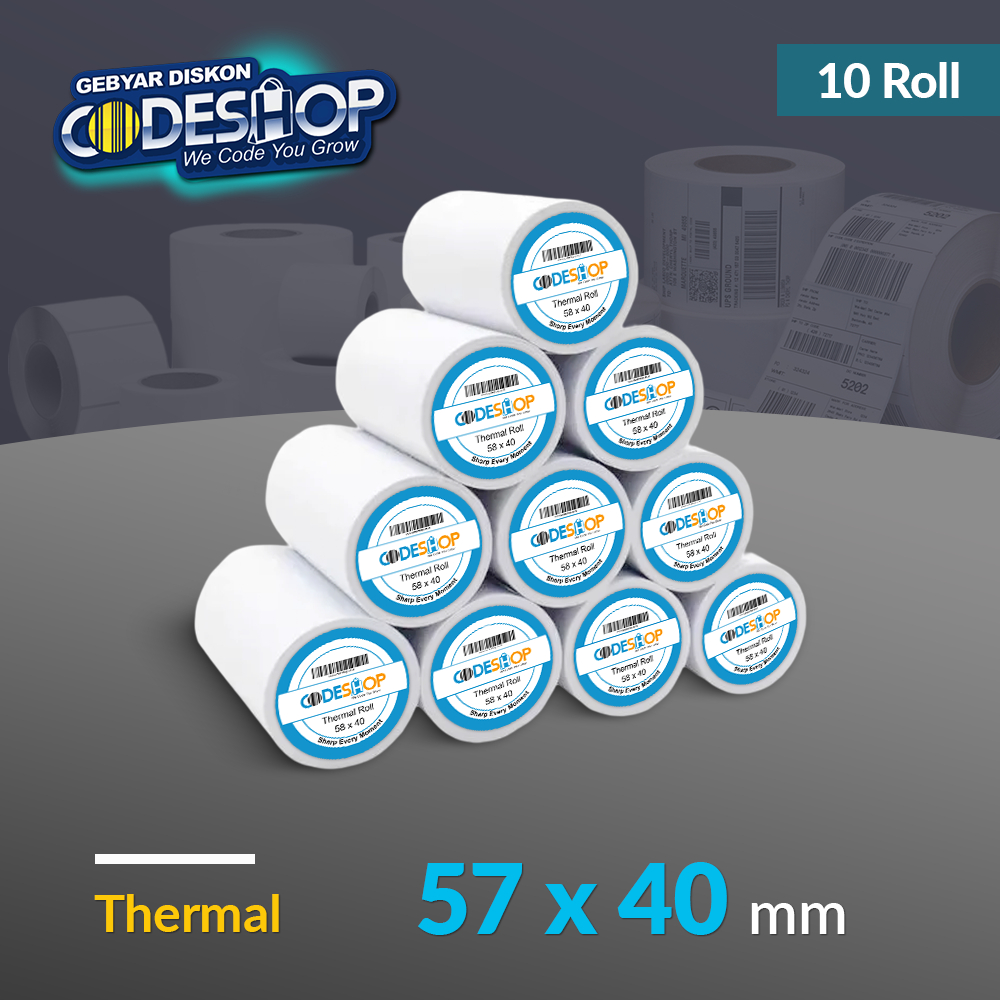 

Codeshop Kertas Thermal 57 x 40 mm Struk Kasir Printer Bluetooth 10 Roll 58mm