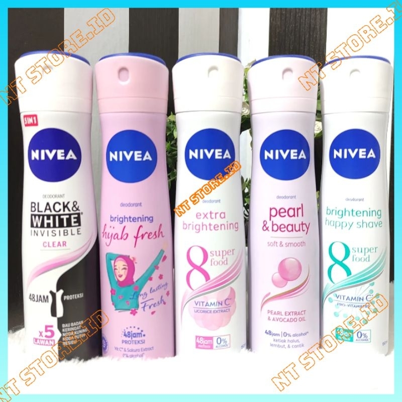 Nivea Deodorant Spray Semprot Extra Brightening Hijab Happy Shave Pearl&Beauty BlackWhite 150ml Expi