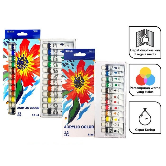 

BAZIC - CAT KANVAS / CAT WARNA AKRILIK / ACRYLIC COLOUR 2632 12 ML 12 WARNA