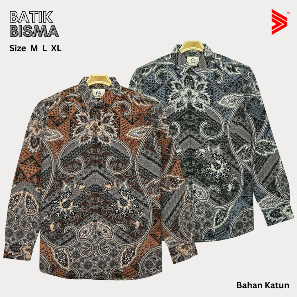 Tiagan99 Batik Pria Bisma Lengan Panjang Slimfit Modern Bahan Katun Hitam Abu Merah Bata