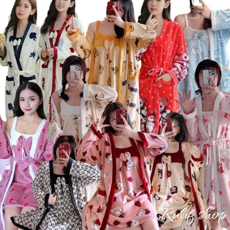 SETELAN PIYAMA SET BAJU TIDUR WANITA DEWASA KIMONO TIDUR 2IN1 HANDUK BULU IMPORT SAPI INCLUDE INNER 