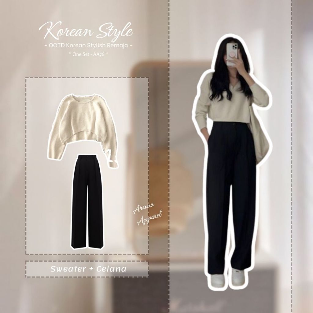 OOTD Setelan Wanita Outfit Casual Mamba Outfit Celana Highwaist One Set Korean Outfit One Set - AA76