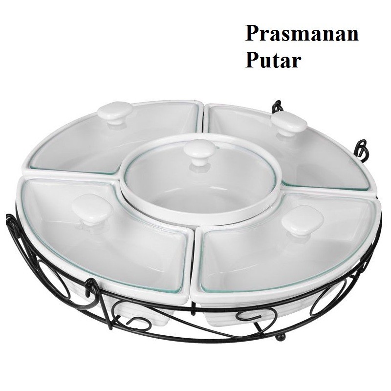 Prasmanan Putar Tutup Kaca 14 Inch 37,5 cm Keramik Porselen Rak Hitam