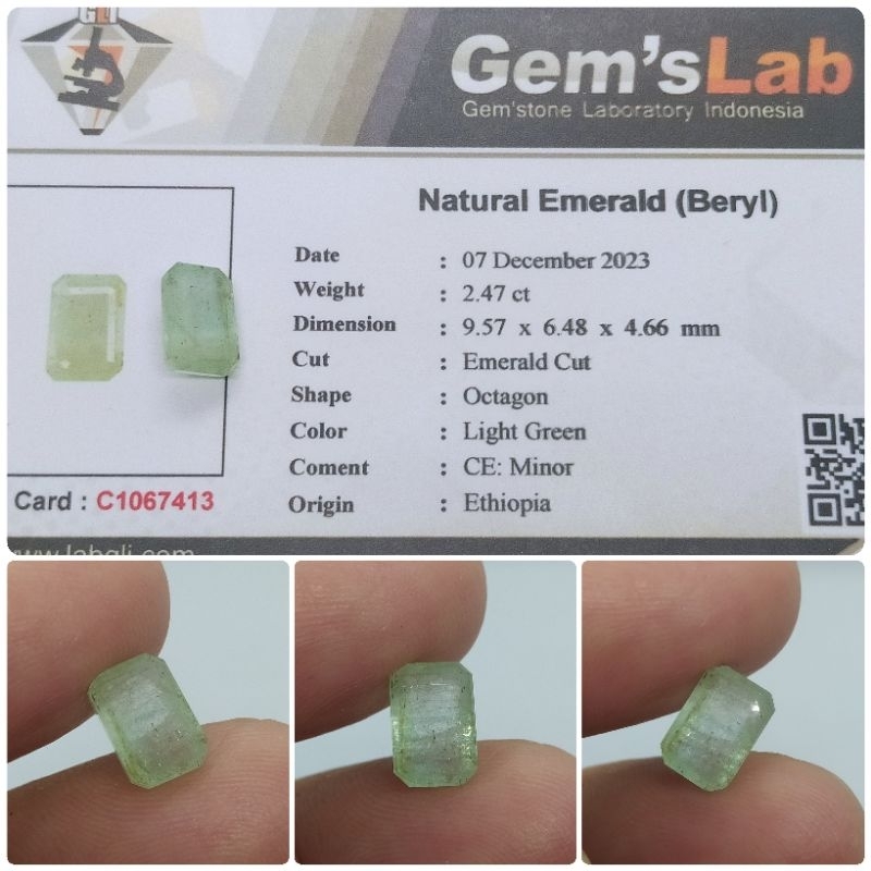 Natural Emerald Beryl Ethiopia minor 2,4ct memo GLI Zamrud afrika