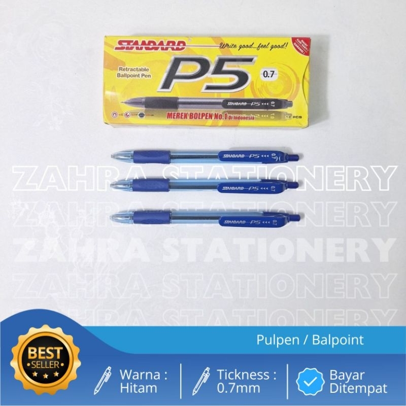 

Standard Pulpen / Ballpoint P5 Retractable Pen Tinta Hitam & Biru Tip 0.7mm