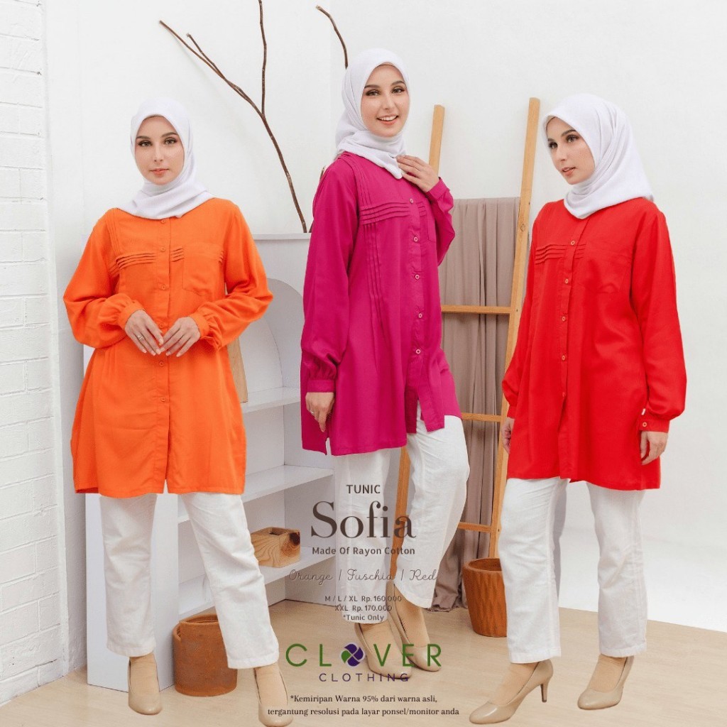 Clover Clothing-Tunic Sofia Orange-Fuschia Rayon Cotton Blouse Wanita Dewasa Lengan Panjang Polos Se