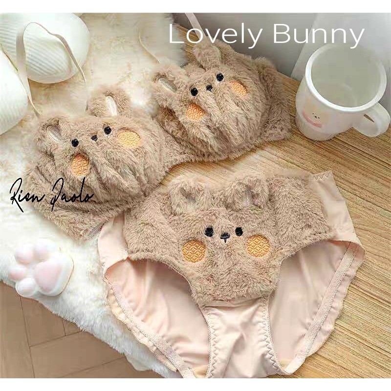 Premium Bra BH + Celana Dalam CD Tanpa Kawat Set - Sexy Hot Cosplay Bunny Lovely Bulu Motif Hewan ( 