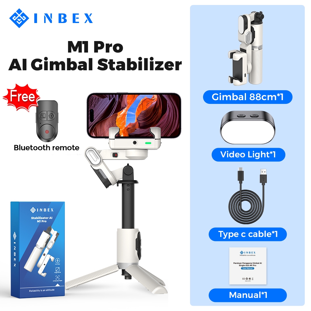 INBEX M1/M2 Gimbal Stabilizer Handphone AI Face Tracking No need APP 153cm Tongsis tripod multifunctional Stabilizer-M1 Putih+Light