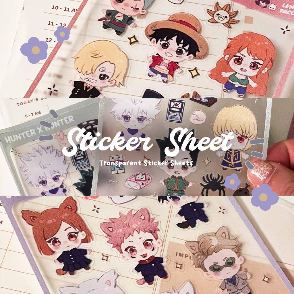 

Clear Transparent Sticker Sheet (Fanmerch by Lenpacca) | Stiker Lembaran Journaling One Piece HunterxHunter Jujutsu Kaisen JJK Haikyuu
