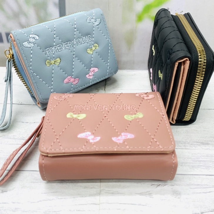Terkini COD DOMPET WANITA LIPAT RESLETING BORDIR KOREAN STYLE DOMPET KECIL WANITA DOMPET FOREVER YOU