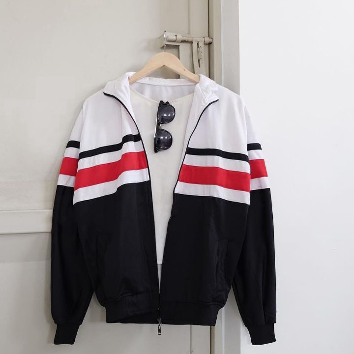 Grosir Jaket tracktop putih hitam garis merah