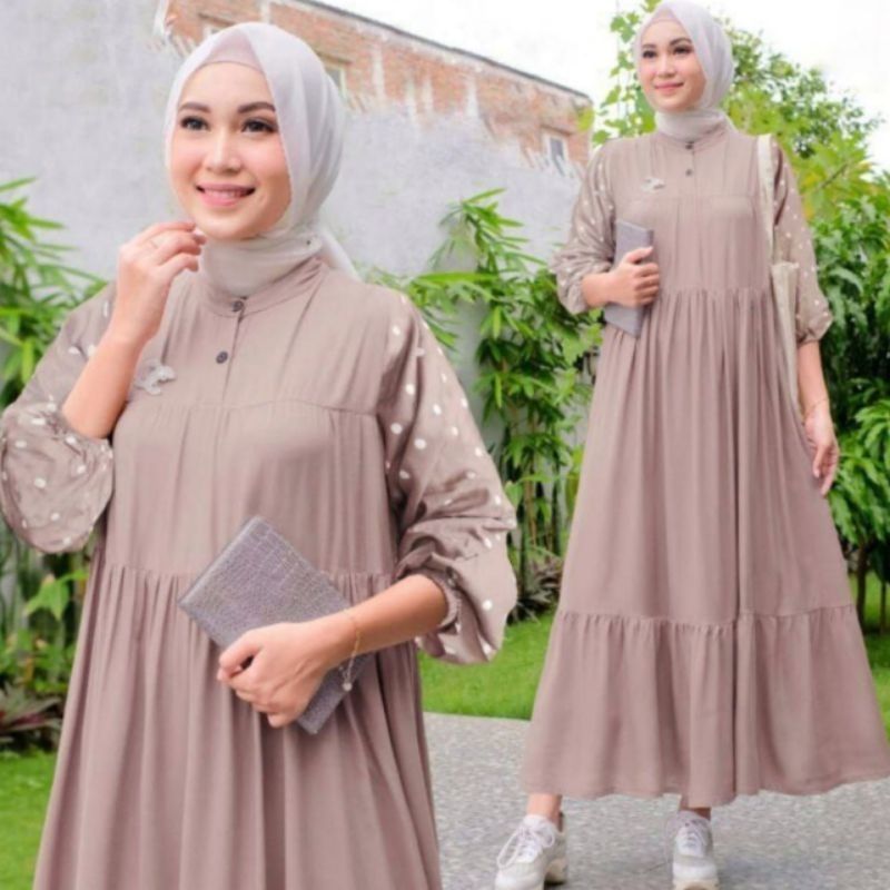 Gamis lalisa polos kombinasi polkadot Ukuran  LD 120 cm midi dress terbaru Gamis kekinian