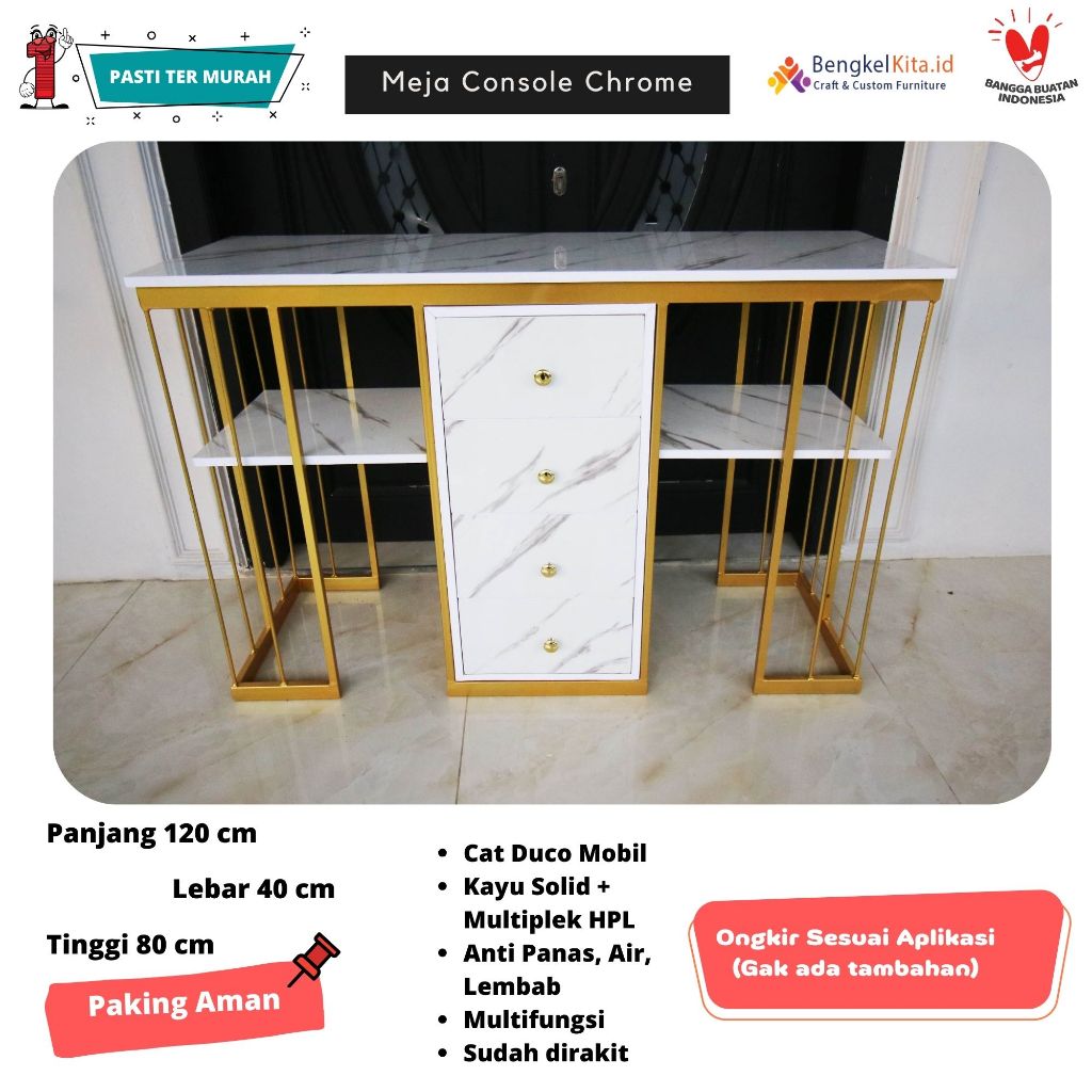 Meja Kerja Aesthetic Meja Nail Art Minimalis - MEJA CHROME - Console 4 Laci Besi Holo Marmer