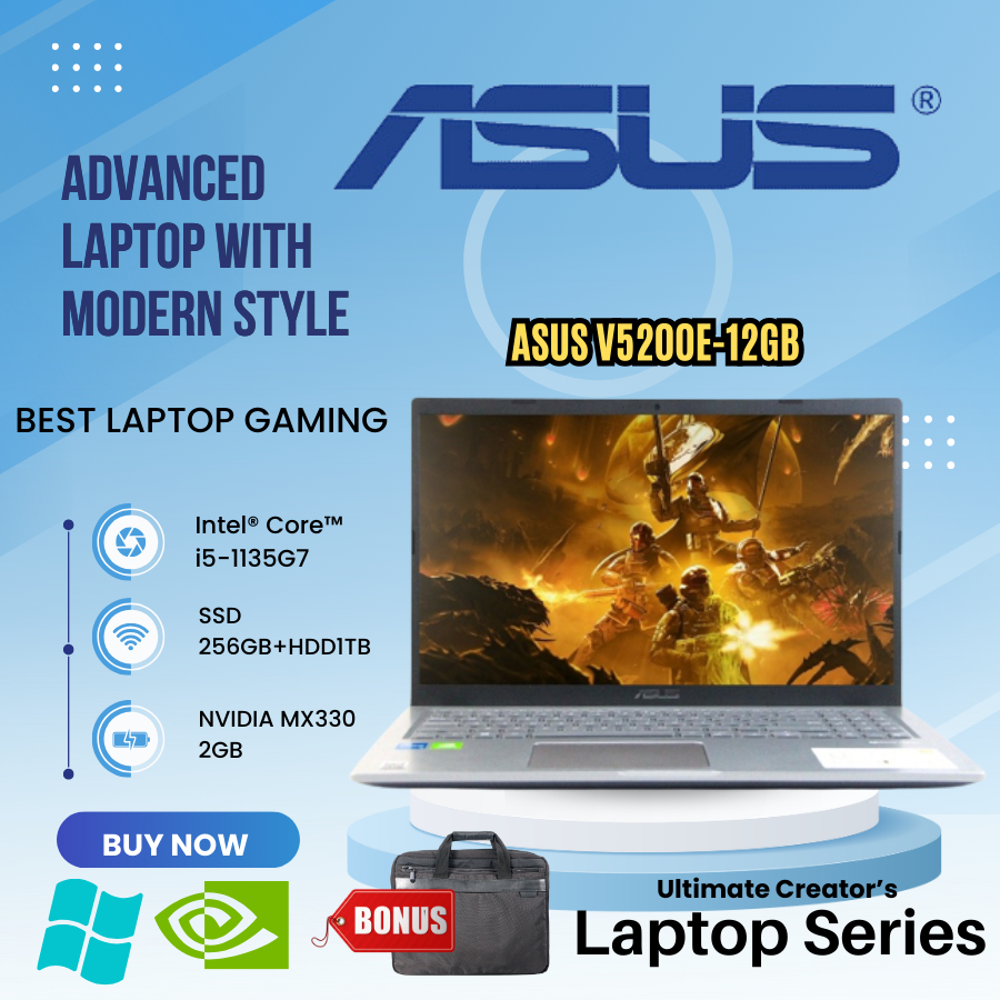 ASUS V5200E LAPTOP GAMING NVIDIA MX330 INTEL CORE I5-1135G7 RAM UP TO 20GB DOUBLE INTERNAL SSD 256GB + HDD 1TB WINDOWS 11