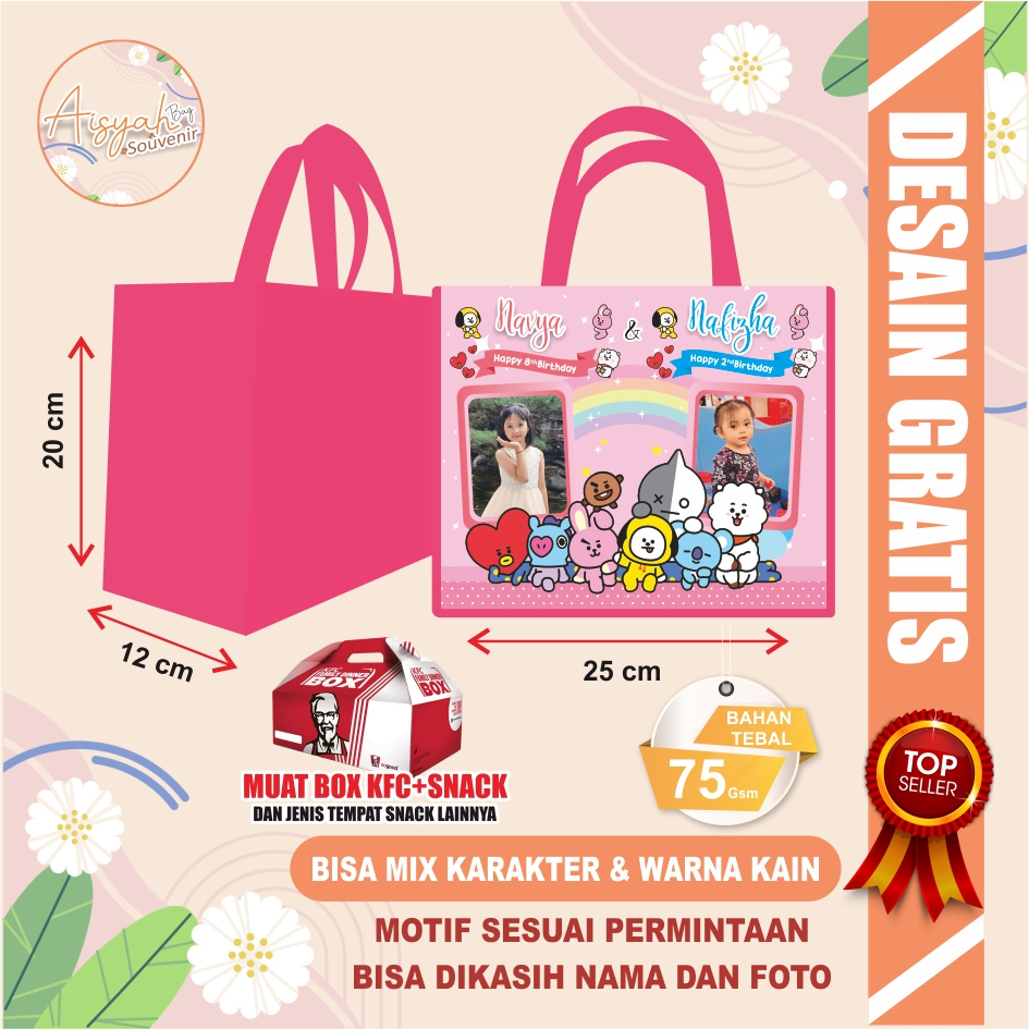 

tas ultah / tas ultah bt21 / tas ulang tahun bt21 / tas souvenir bt21 / bingkisan bt21 / tas ulang tahun anak