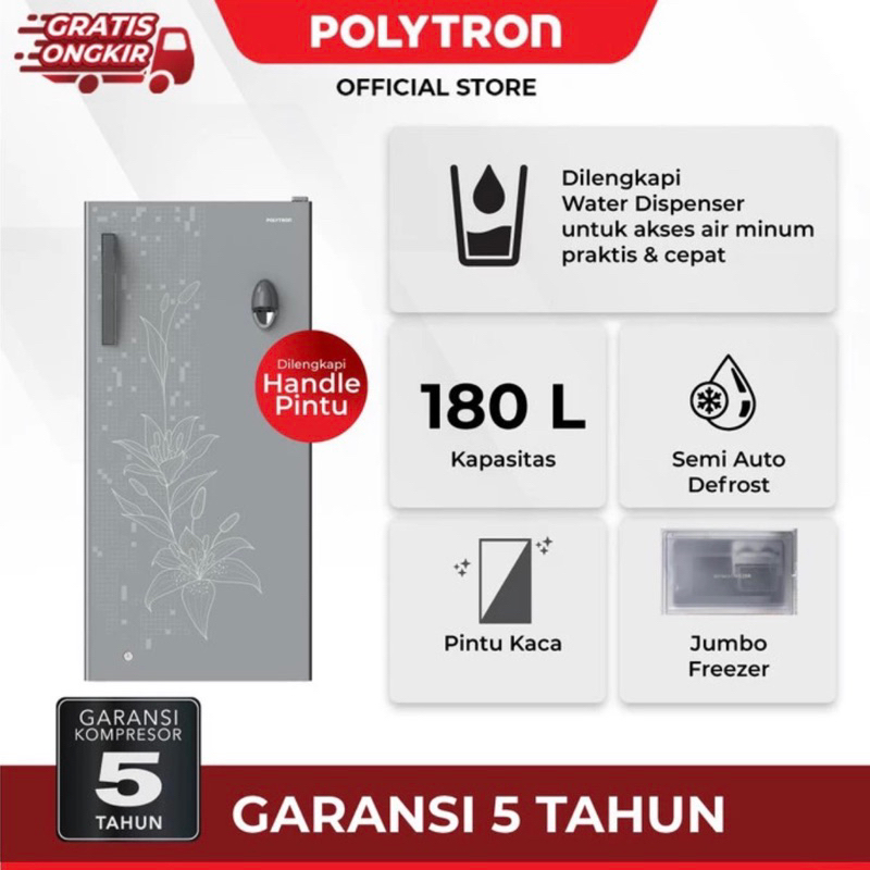 kulkas 1 pintu Polytron 180 liter dengan Dispenser PRD 18J S / PRD 18 JS