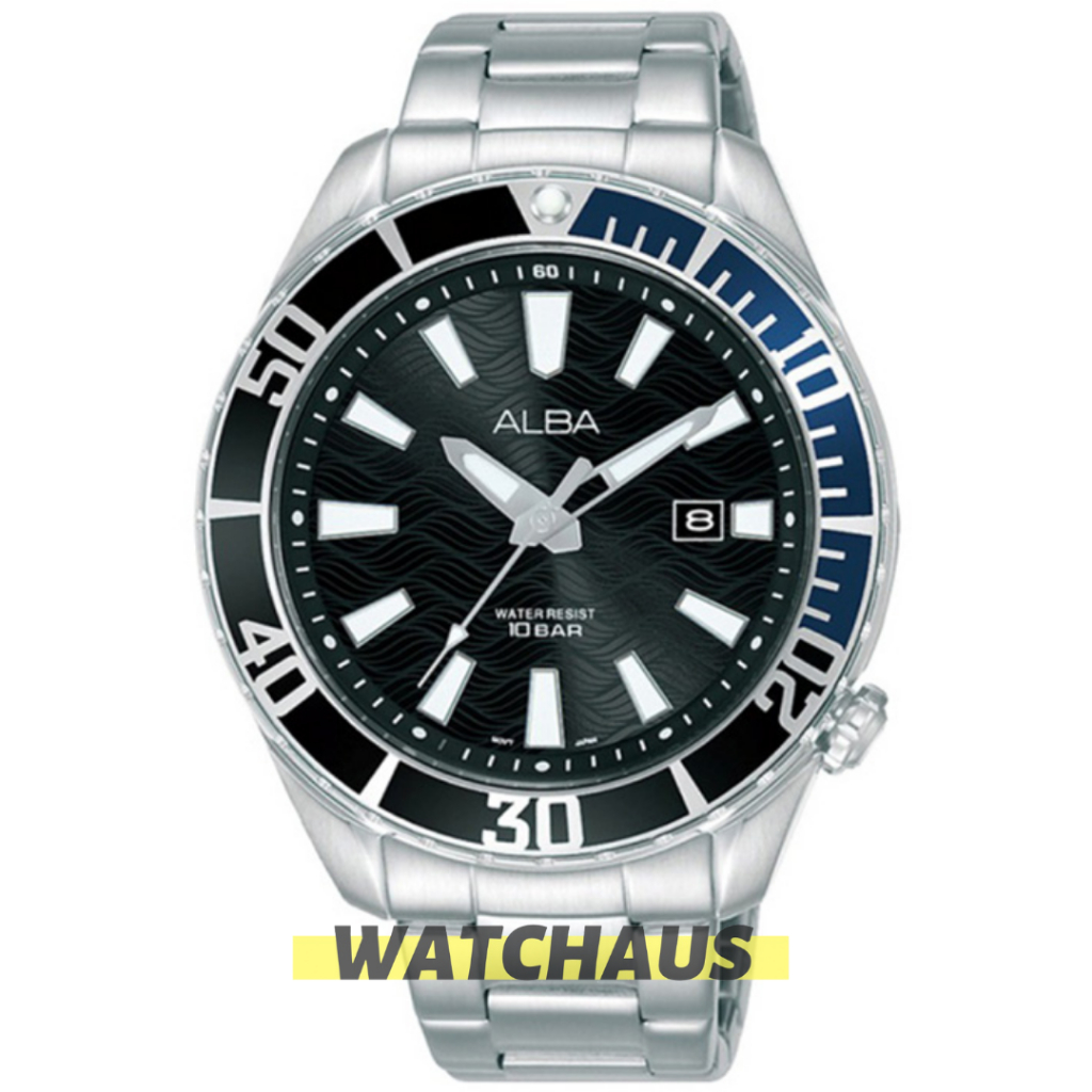 JAM TANGAN PRIA ALBA SAMURAI AG8K33X AG8K33 ANALOG SILVER BLACK BLUE STAINLESS STRAP
