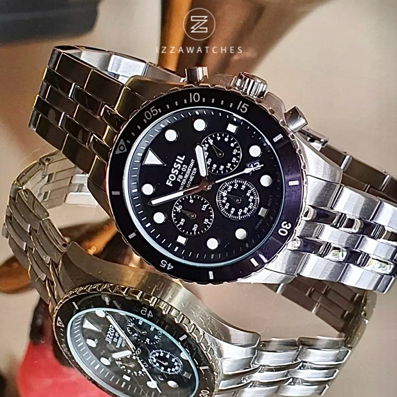 Jam Tangan Pria FS5837 Chronograph Men Black Dial Stainless Steel Strap