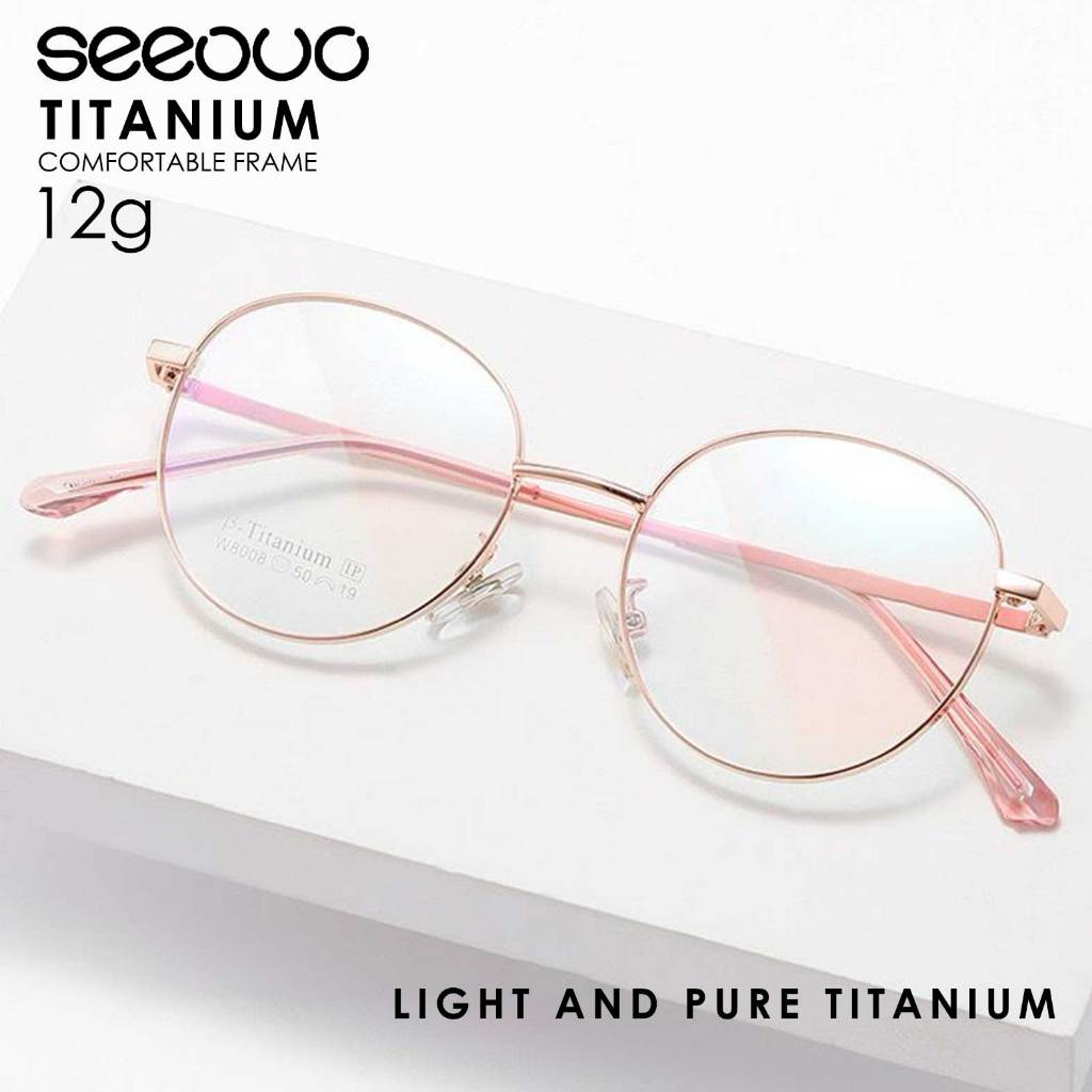 Seeouo Frame Kacamata Bahan Titanium Model Bulat Rose Gold Ringan Kokoh Bisa Minus Fashion Wanita St