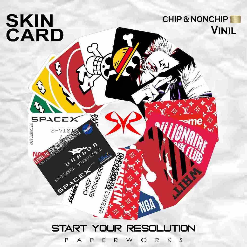 

VINIL Skin Card / Skin Kartu / Sticker Kartu ATM Chip tema anime / Movie / brands / One Piece / Marvel / Space X / Uno / NBA / Stark Industri DLL - Stiker Kartu