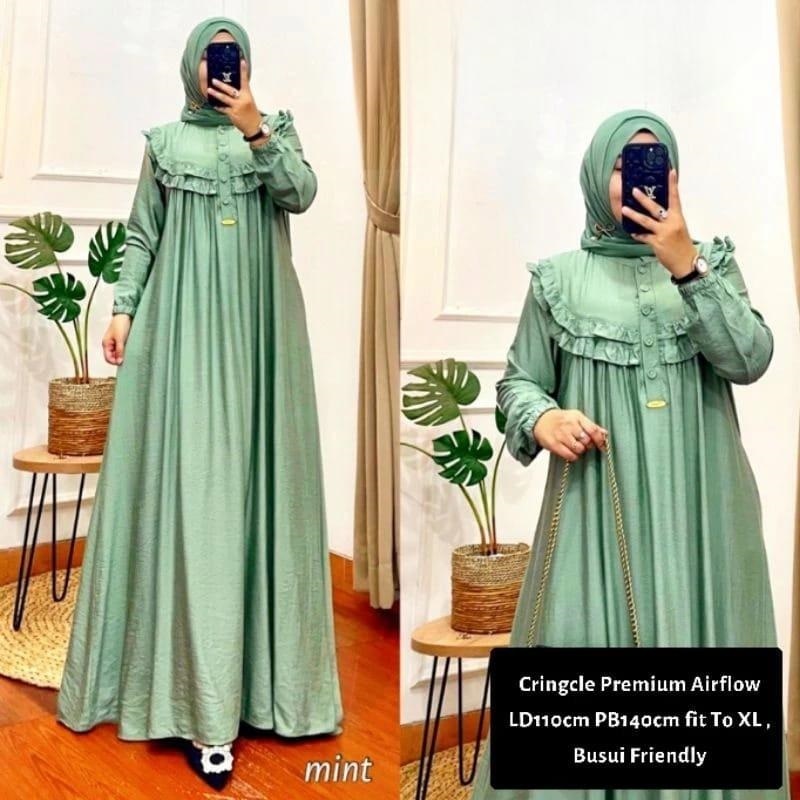 UMMA Fashion - Gamis Cringkle Wanita Terbaru 2024 Sandria Maxy Dress Kancing Depan Busui Friendly Si
