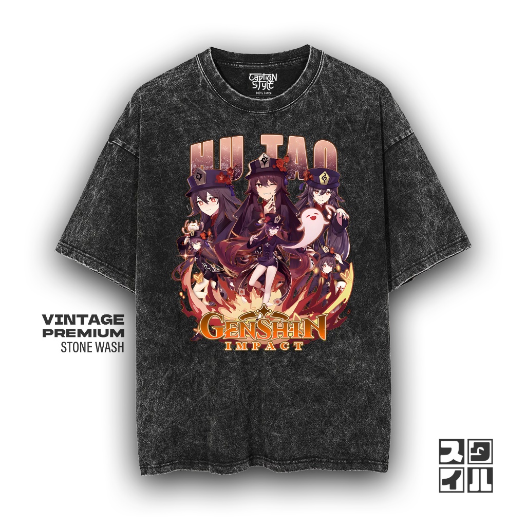 Caption'Style Baju Games Genshin Impact HUTAO Kaos Stonewash Unisex | Kaos Oversize Wanita | Kaos Pr