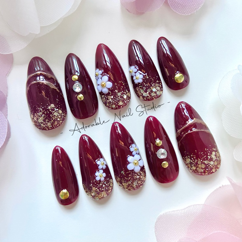 040 Kuku palsu | Fake nails | Press on nails | Nail art wedding merah maroon gold 3D chrome (almond)