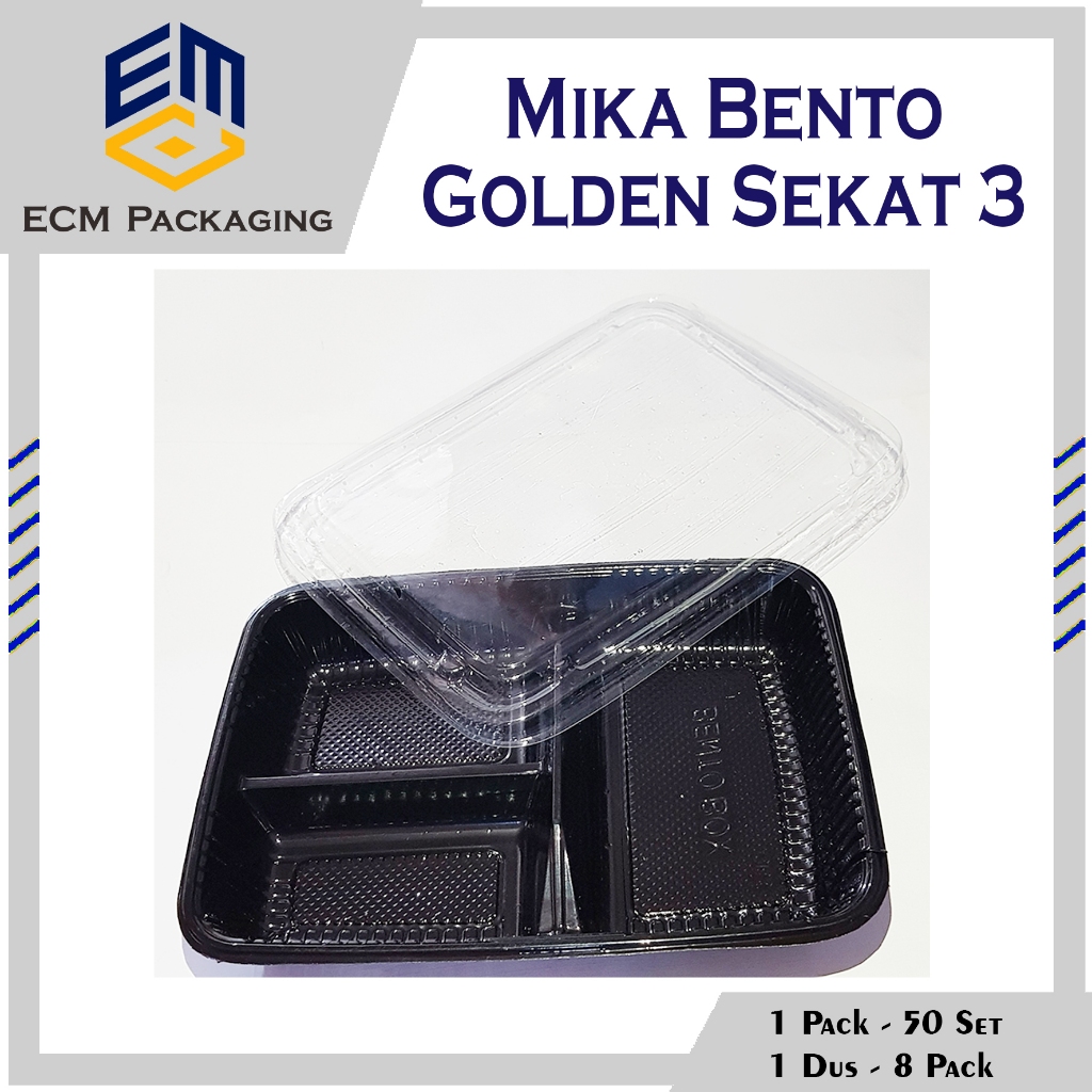 MIKA BENTO GOLDEN SEKAT 3 | BENTO PLASTIK SKAT 3 50PCS | BOX BENTO HITAM